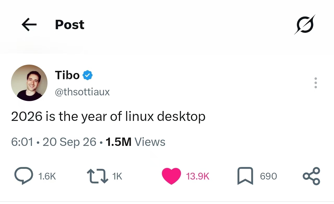 Tibo 关于 2026 年是 Linux 桌面之年的推文截图